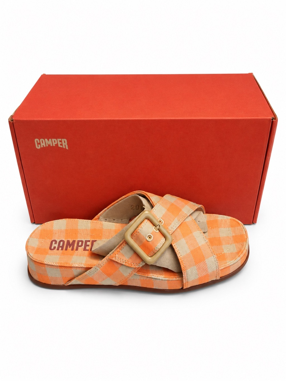 Camper Atonik Orange Plaid Buckle Slide Sandals NIB